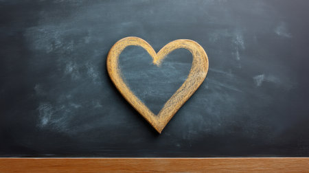 A heart shape drawn with chalk on a blackboard, framed by a wooden edge. This compelling image serves as a backdrop for themes of love, education, and creativity.の素材
