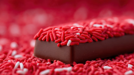 A vibrant close-up of a chocolate bar covered in bright red sprinkles, surrounded by a sprinkle background, perfect for desserts, treats, and festive celebrations.の素材