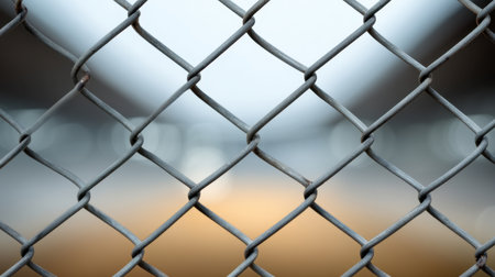 This image features a close-up view of a chain-link fence, showcasing its intricate texture against a softly blurred background, creating a striking urban aesthetic.の素材