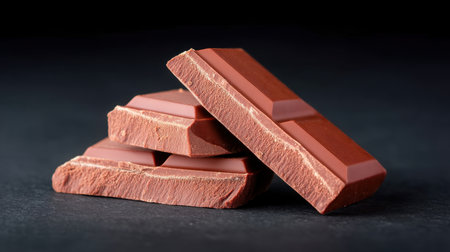 A close-up view of stacked chocolate bars resting on a dark surface, highlighting the smooth texture and rich color, ideal for showcasing confectionery delights.の素材