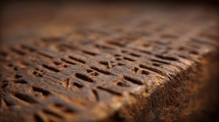 This image features a detailed close-up of an ancient wood carving, showcasing intricate symbols and textures that reflect the rich history and artistry of past civilizations.の素材