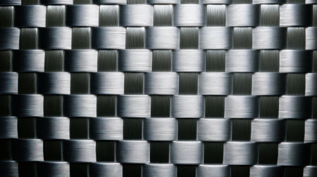 This image features a close-up view of a metallic woven texture, highlighting the intricate pattern of shiny silver and dark gray hues, ideal for creative projects.の素材