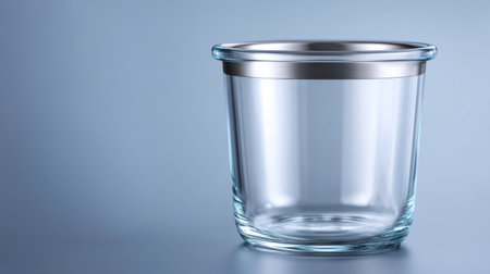 A striking clear glass container with a metal lid sits against a smooth blue background, perfect for showcasing its elegant design in any organized space.の素材