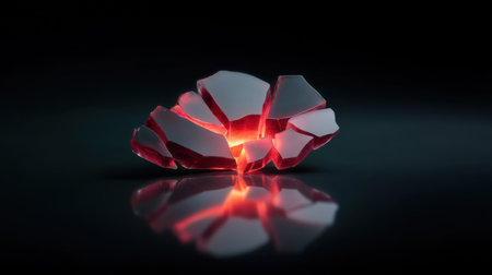 This striking image features fragmented glass illuminated by a captivating red light, set against a black background. The reflection adds depth and elegance to the composition.の素材