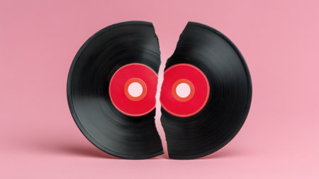 This image features a broken vinyl record against a pink background, symbolizing nostalgia and lost memories associated with music. The striking contrast creates an artistic visual element.の素材