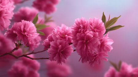 Beautiful pink cherry blossoms bloom on a branch, set against a soft pastel background. This image captures tranquility and the beauty of nature in springtime.の素材