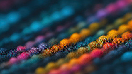 Close-up view of a textured woven fabric showcasing a rich array of colorful stripes and patterns. Ideal for artistic textile projects and fashion backgrounds.の素材