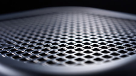 This image features a detailed close-up of a metal mesh surface, highlighting the intricate pattern and texture against a soft-lit background, perfect for design projects.の素材