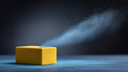A striking yellow sponge emits a cloud of blue powder, set against a dark backdrop. This image conveys movement and texture, ideal for cleaning or creative concepts.の素材