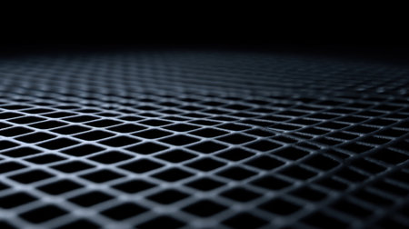 A detailed close-up of a dark metallic mesh surface showcases a geometric grid pattern, perfect for use in various design projects and creative backgrounds.の素材