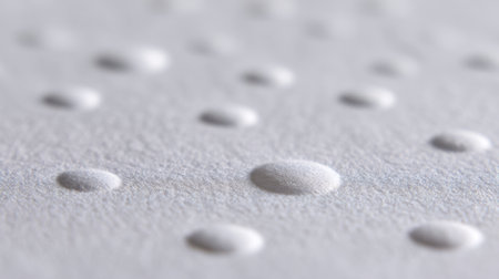 This image captures a series of water droplets on a textured white surface, showcasing a minimalist aesthetic with soft shadows, perfect for various design projects.の素材