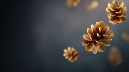 This captivating image features floating pine cones against a dark blurred background, creating a tranquil natural atmosphere ideal for artistic and decorative use.の素材