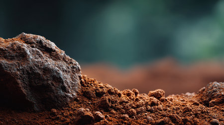 This captivating close-up image captures the beauty of natural terrain, showcasing rough rock and rich brown soil with stunning textures and soft background lighting.の素材