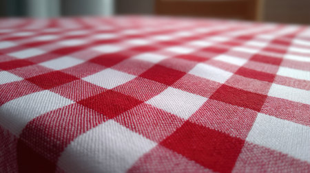 A vibrant close-up image showcasing a classic red and white checkered tablecloth, perfect for enhancing dining experiences and cozy gatherings at home or in restaurants.の素材