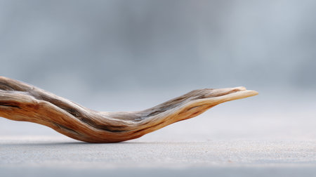 A captivating wavy driftwood piece rests on a soft gray surface, highlighting intricate textures and organic curves. Ideal for minimalist and nature-inspired designs.の素材