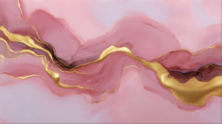 This elegant abstract art piece showcases soft pink and gold waves, creating a harmonious flow. Suitable for home decor or artistic spaces, it brings beauty and sophistication.の素材