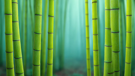 Explore the ethereal beauty of a tranquil bamboo forest, where tall green stalks rise majestically amidst soft fog and gentle light for peaceful meditation and nature appreciation.の素材