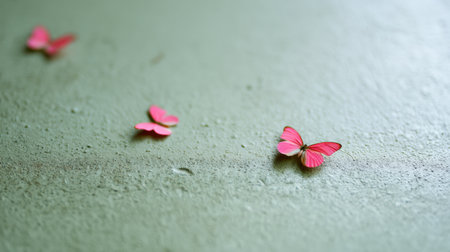 Three delicate pink butterflies adorn a textured green surface, capturing nature's beauty and tranquility, perfect for spring themes and artistic designs.の素材