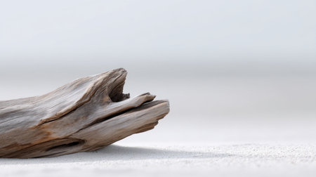 A solitary piece of driftwood rests on soft sand, creating a serene beach scene at golden hour. The tranquil background highlights the beauty of nature.の素材