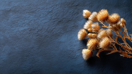 A striking arrangement of dried thorny flowers displayed on a dark slate surface, highlighting natural textures and warm tones ideal for minimalist floral designs.の素材