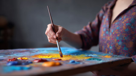A close-up view of a creative artist's hand holding a brush and painting vibrant colors on a palette, showcasing the intricate process of abstract art creation in a modern studio.の素材