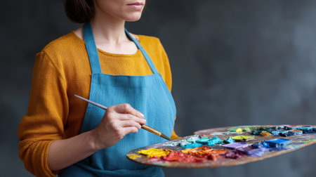A focused woman artist holds a vibrant palette filled with various paints and uses a brush to display her artistic talent and passion in a modern studio setting.の素材