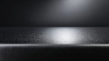 A smooth black surface showcasing subtle reflections and light highlights, perfect for backgrounds or product displays in photography and artistic projects.の素材