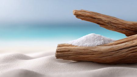 A calming scene featuring sea salt spilling from a piece of driftwood, nestled in soft sand with a serene ocean backdrop, perfect for themes of wellness and nature.の素材
