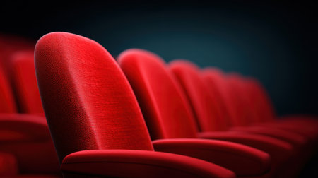 Bright red theater seats arranged in rows create an inviting atmosphere within a darkened cinema space, perfect for film promotions and artistic themes.の素材