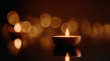 A tranquil candle flame shines brightly against a soft bokeh background, creating a serene atmosphere perfect for relaxation, meditation, and wellness themes.の素材