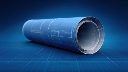 A rolled blueprint document showcasing a detailed architectural design rests on a drafting table background, embodying innovation and creativity in a modern workspace setting.の素材