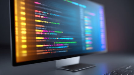 A close-up view of a computer monitor displaying abstract colorful code, highlighting technology and software development. Ideal for creative projects and digital themes.の素材
