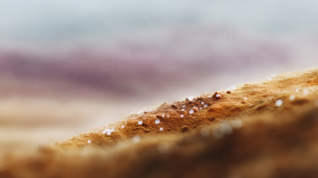 A captivating close-up of a textured surface displaying delicate water drops, set in a soft-focus background. The image evokes feelings of tranquility and natural beauty.の素材