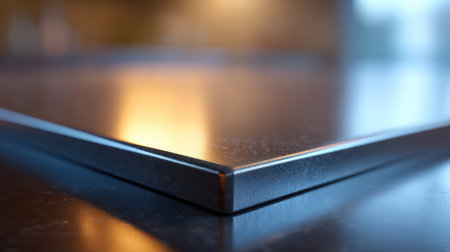 A stunning close-up image captures the sharp edge of a metallic surface, with reflections and light creating an engaging visual interplay and artistic appeal.の素材