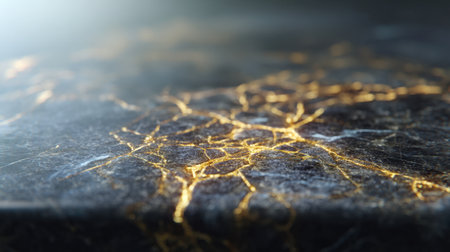 This captivating close-up image features an elegant dark stone surface adorned with striking golden veins, showcasing a stunning natural mineral formation perfect for various creative uses.の素材