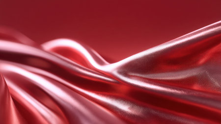 This image showcases luxurious red satin fabric draped elegantly, capturing the soft shimmers and flowing motion, perfect for use in fashion or elegant design projects.の素材