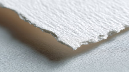 This image features a detailed close-up of a torn edge of textured white paper, offering a serene and artistic quality ideal for design projects and backgrounds.の素材