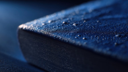 This image showcases a close-up of a wet book cover with glistening water droplets that enhance its textured surface, creating an intriguing and atmospheric aesthetic.の素材