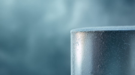 A close-up view of a frosted glass with water droplets resting on its surface, set against a soft blue background, perfect for conveying refreshment and coolness.の素材