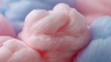 This image features an enticing close-up of fluffy cotton candy in soft pink and blue tones, ideal for showcasing the joy of desserts and celebrations.の素材