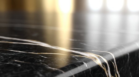 A stunning close-up of a black marble surface featuring captivating gold veining. The smooth texture and rich color make it perfect for elegant home decor or design projects.の素材