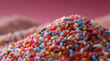 A vibrant pile of colorful sprinkles creates a playful and joyful feel on a soft pink background. Perfect for decorating sweet treats and adding a festive touch.の素材