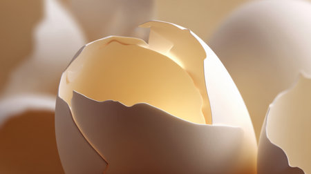 This image features beautifully cracked egg shells illuminated by soft light, creating an elegant and serene atmosphere ideal for food or nature themes.の素材