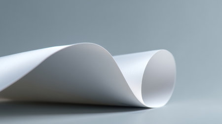 This image features an elegant curling white paper sheet against a smooth gray background, perfect for creative projects, designs, and artistic presentations.の素材