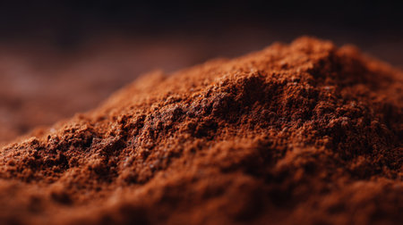 Close-up image of fine brown cocoa powder with rich texture, ideal for culinary uses, dessert creation, and food photography showcasing its unique character.の素材