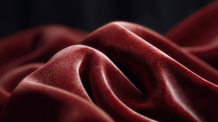 A close-up of a rich deep red velvet fabric highlighting the smooth texture and elegant waves. The luxurious look brings warmth and sophistication to any design project.の素材