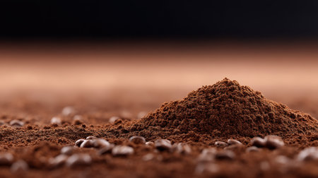 Close-up of dark coffee powder mounded on a wooden surface with scattered raw coffee beans, highlighting rich textures and warm colors, perfect for food inspiration.の素材