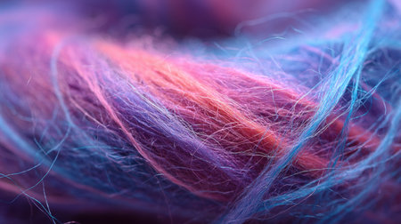 Discover the intricate beauty of colorful fibers in shades of pink, purple, and blue. This close-up shot showcases soft, delicate textures perfect for artistic or textile use.の素材