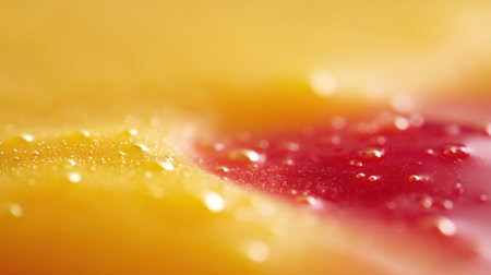 A vivid close-up image showcasing colorful liquid flow, featuring vibrant yellow and red shades. Dew droplets enhance the surface texture, creating an artistic visual experience.の素材