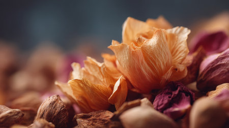 Capture the beauty of delicate orange flower petals among dried natural elements, ideal for artistic compositions, calming visuals, and serene decor projects.の素材